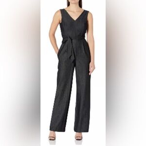 Calvin Klein Black V-Neck Wide-Leg Jumpsuit with Tie Waist